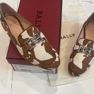 Bally Ellah Brown and White Cowhide Loafers with Silver Double B Buckle